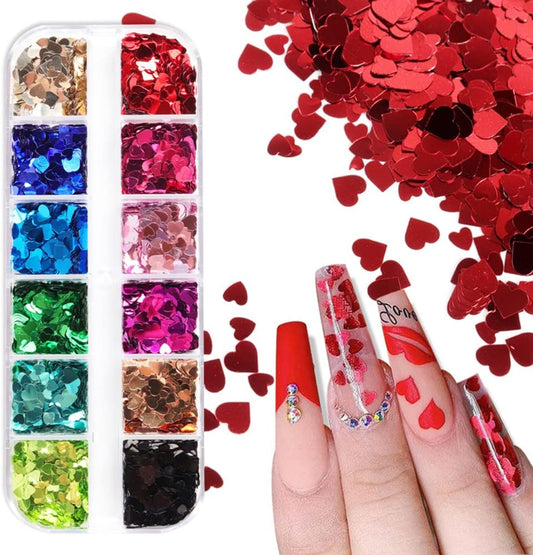 Valentine'S Day 3D Heart Nail Art Glitters Stickers Colorful Love Hearts Nail Sequins Holographic Laser Sparkle Nail Flakes Shiny Charms Design for Acrylic Nail Supplies Nail Decors Tools 12 Colors Health & Beauty > Personal Care > Cosmetics > Cosmetic Tools > Nail Tools CAVAD Heart 12grids  