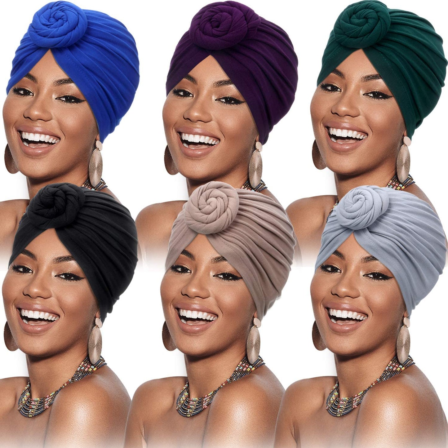 SATINIOR 6 Pieces Women African Turban Flower Knot Pre-Tied Bonnet Beanie Cap Headwrap Apparel & Accessories > Clothing Accessories > Bandanas & Headties SATINIOR Black, Royal-blue, Gray, Camel, Purple, Green  