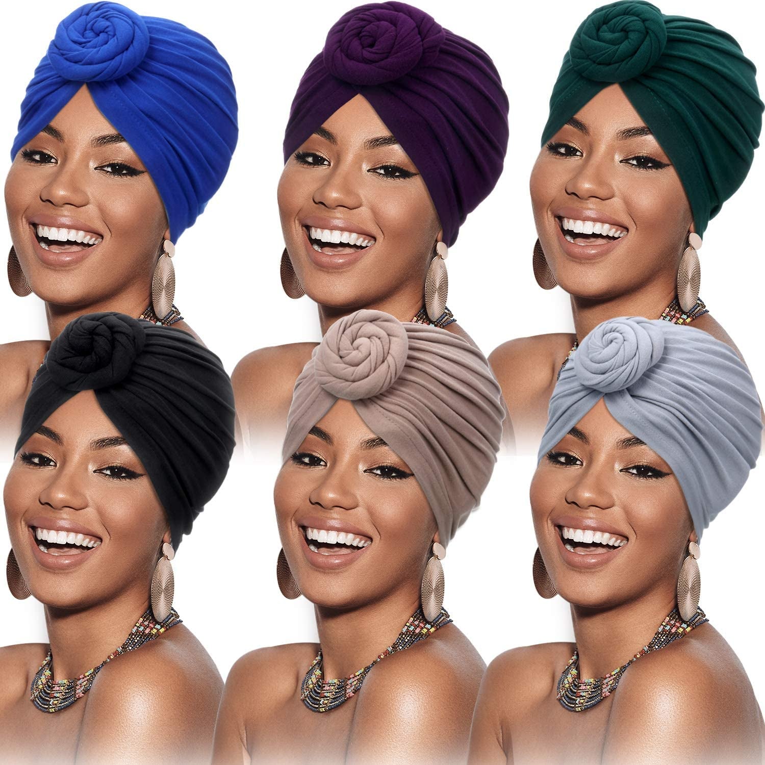 SATINIOR 6 Pieces Women African Turban Flower Knot Pre-Tied Bonnet Beanie Cap Headwrap Apparel & Accessories > Clothing Accessories > Bandanas & Headties SATINIOR Black, Royal-blue, Gray, Camel, Purple, Green  