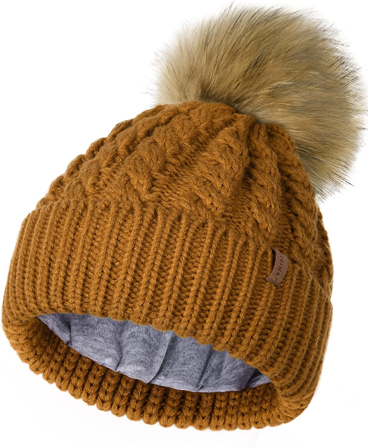 FURTALK Winter Beanie Hat for Women Cotton Lined Faux Fur Pom Pom Hats Womens Warm Thick Knit Skull Cap Apparel & Accessories > Clothing Accessories > Hats KYLIE MAX Camel One Size 