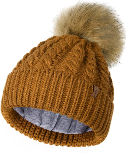 FURTALK Winter Beanie Hat for Women Cotton Lined Faux Fur Pom Pom Hats Womens Warm Thick Knit Skull Cap Apparel & Accessories > Clothing Accessories > Hats KYLIE MAX Camel One Size 