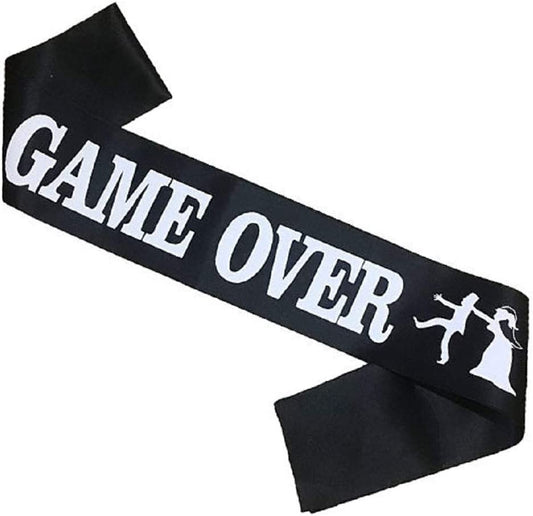 Game over Bachelor Party Groom Sash, Funny Wedding Engagement Gift Idea for Video Gamer Groom to Be Apparel & Accessories > Clothing Accessories > Sashes Magnusson's Garden Black/White  