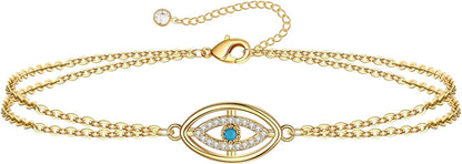 Dainty Gold Bracelets for Women, 14K Gold Filled Adjustable Layered Bracelet Cute Evil Eye Oval Chain Pearl Bar Turtle Gold Bracelets for Women Jewelry Apparel & Accessories > Jewelry > Bracelets Turandoss CZ Evil Eye  