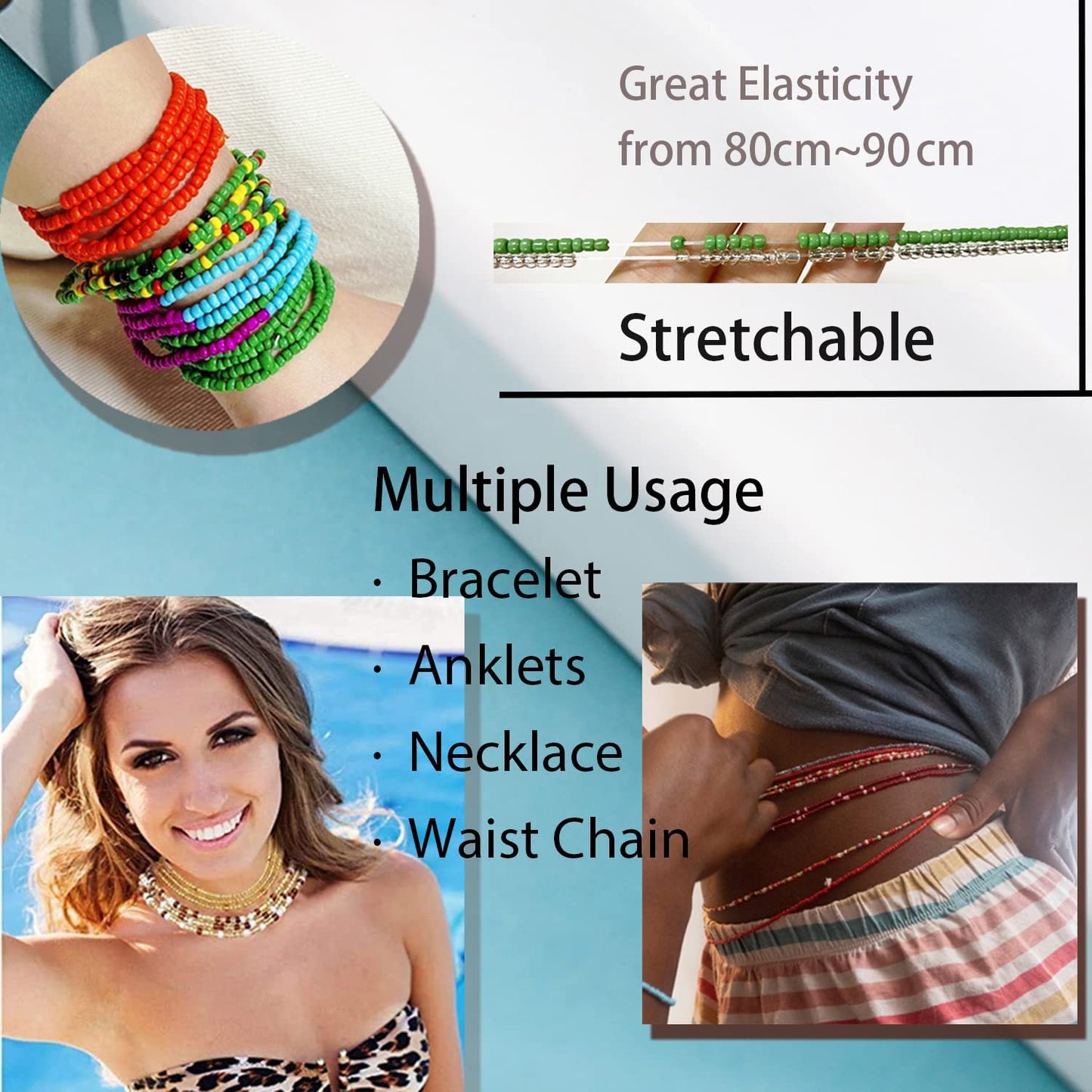 TOBENY 31.5 Inch Elastic Waist Beads for Women 32PCS Colorful Summer Layered Beaded Waist Belly Beads Bikini Jewelry African Waist Beads Body Chain Sets Apparel & Accessories > Jewelry > Body Jewelry TOBENY   