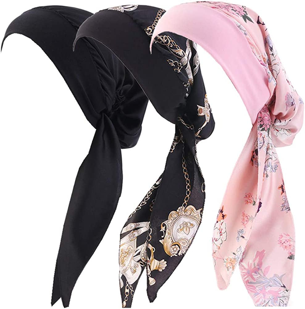 CCCHO Women Vintage Silky Turbans Bonnet Elastic Wide Band Multifunction Printing Hat Chemo Hair Loss Cap Apparel & Accessories > Clothing Accessories > Headwear CCCHO A2-black+a3black+pink  