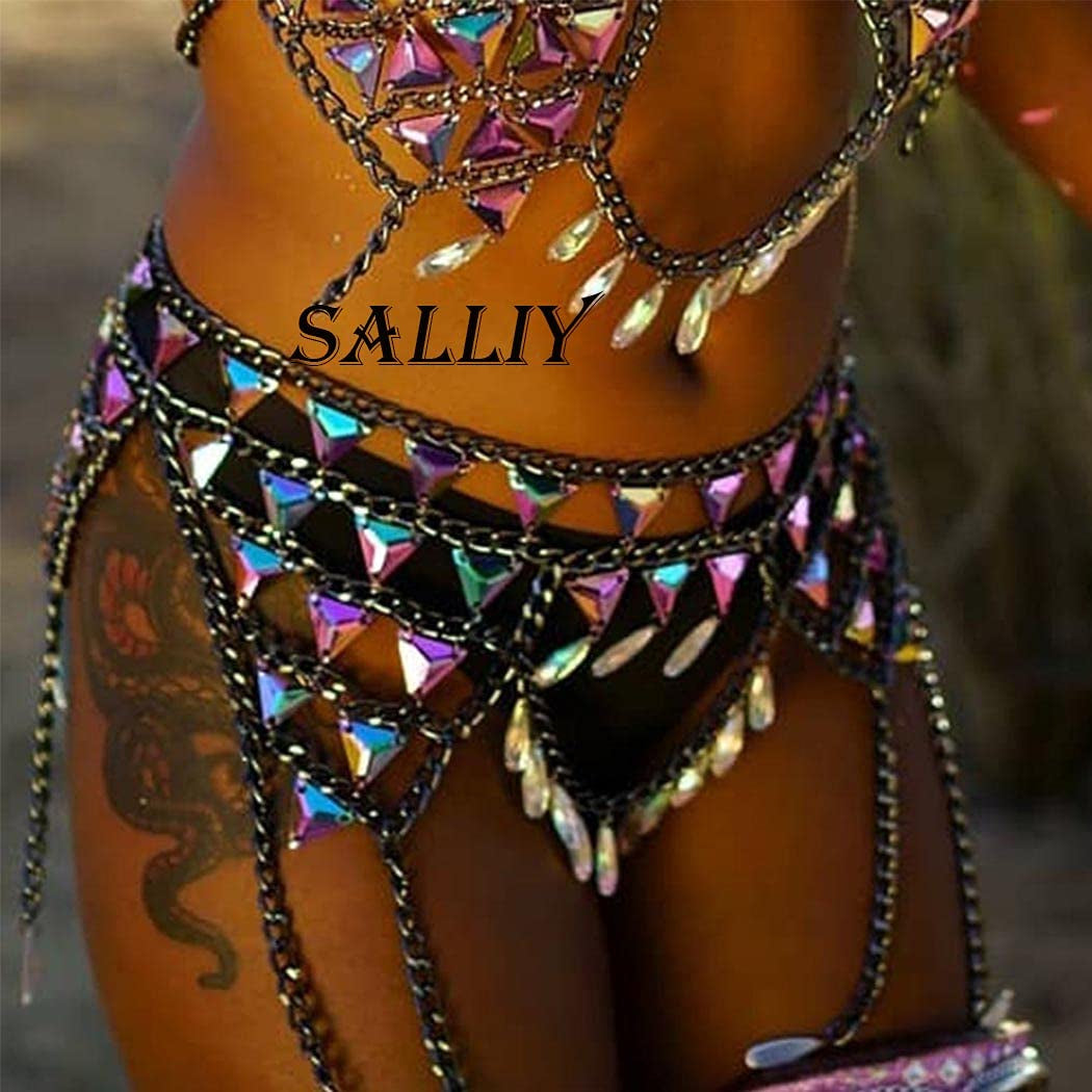 Salliy Boho Rhinestone Bikini Chain Set Silver Sexy Sequins Mesh Body Chains Summer Bra Body Jewelry for Women and Girls (F) Apparel & Accessories > Jewelry > Body Jewelry Salliy   