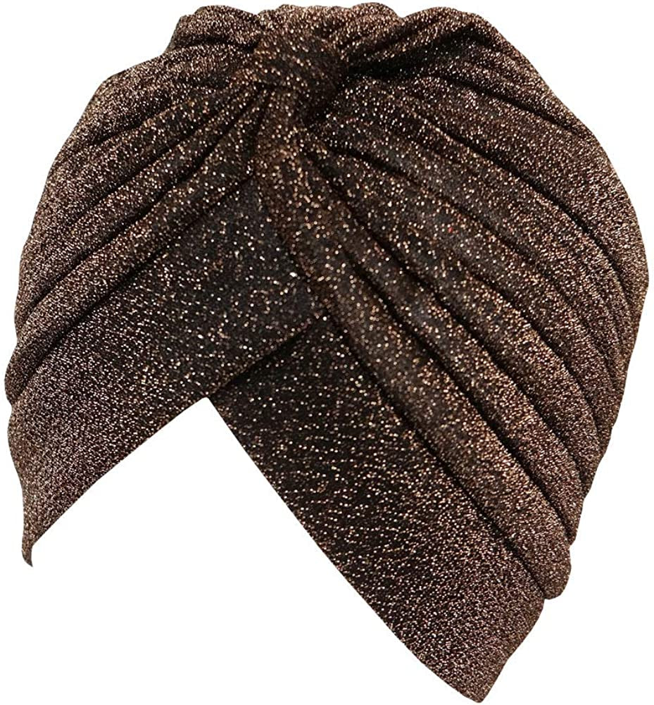 GETACOTA Pleated Glitter Turban for Women Stretchy Hat Beanie Headwrap Twist Elastic Slip on Cap Headwear Accessories Apparel & Accessories > Clothing Accessories > Headwear GETACOTA Brown  