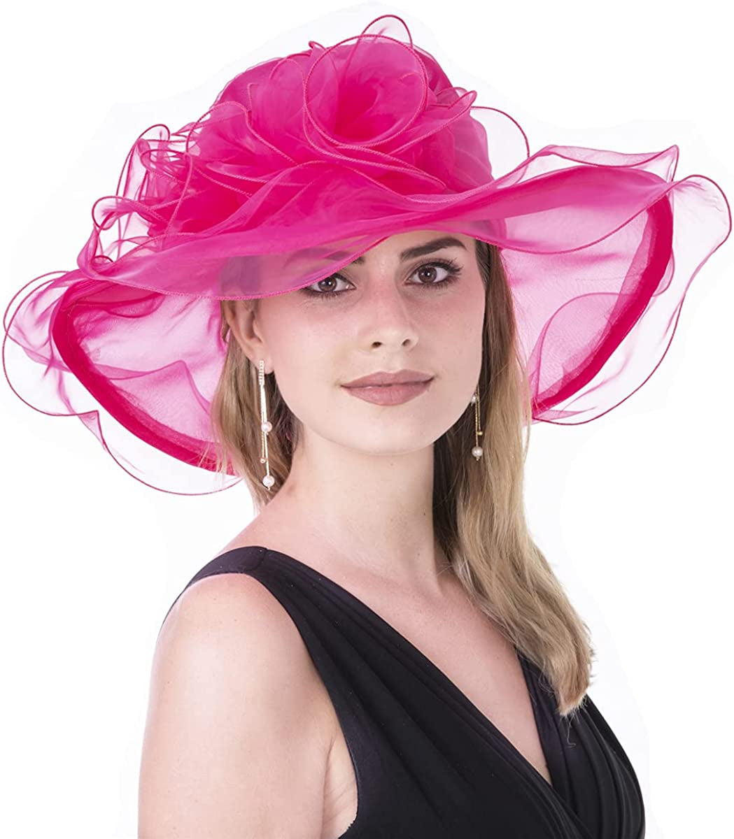 Lucky Leaf Women Kentucky Derby Church Cap Wide Brim Summer Sun Hat for Party Wedding Apparel & Accessories > Clothing Accessories > Headwear Lucky Leaf Nf-rose Red  