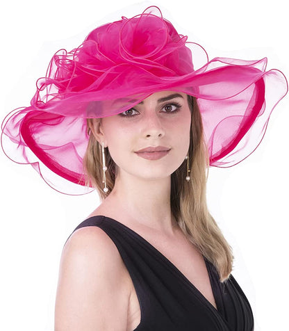 Lucky Leaf Women Kentucky Derby Church Cap Wide Brim Summer Sun Hat for Party Wedding Apparel & Accessories > Clothing Accessories > Headwear Lucky Leaf Nf-rose Red  