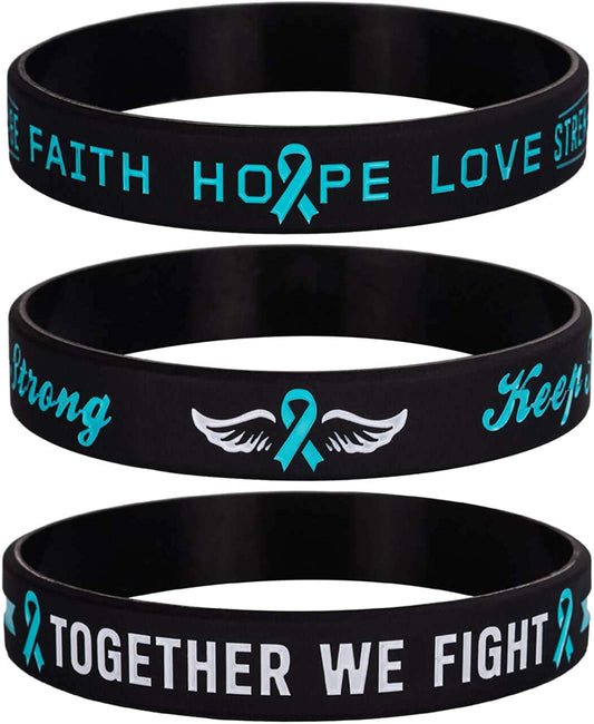 Sainstone Teal Cancer & Cause Awareness Ribbon Bracelets with Saying, Set of 3 Silicone Rubber Wristbands Gifts for Men Women, Patients Survivors (Ovarian Cancer Teal) Apparel & Accessories > Jewelry > Bracelets Sainstone   