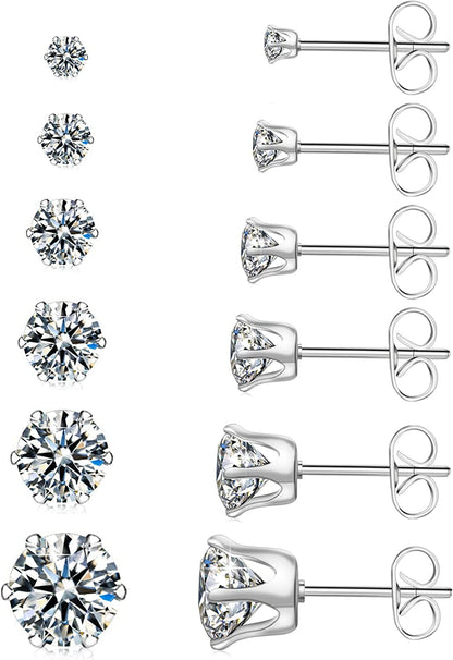 UHIBROS 6 Pairs Stainless Steel Stud Earrings Set Hypoallergenic Cubic Zirconia 14K White Gold 316L CZ Earrings Apparel & Accessories > Jewelry > Earrings UHIBROS A-silver  