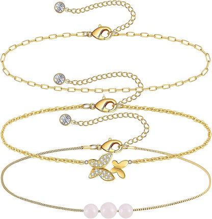 Gold Ankle Bracelets for Women 14K Gold Plated Anklet Silver Evil Eye Butterfly Star Rose Quartz Bead Box Paperclip Chain Dainty Layered Anklet Set 3Pcs Jewelry Gifts for Teen Girls Apparel & Accessories > Jewelry > Anklets Budding Gallery E-Yellow Gold-Butterfly  
