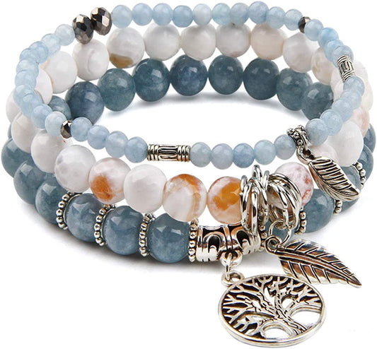 Tree of Life Turquoise Jasper & Tibetan Agate Gemstone Chakra Beaded Bracelet | Beach Charm Bracelet Set - Ocean Jewelry…… Apparel & Accessories > Jewelry > Bracelets Jardme Aquamarine  