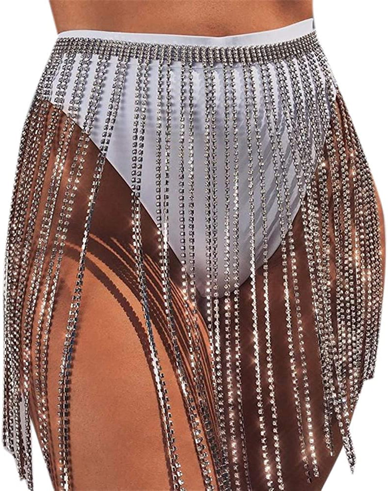RARITYUS Women Sexy Rave Glitter Rhinestone Tassel Body Chains Skirt Waist Belt Jewelry for Party Festival Dance Nightclub Apparel & Accessories > Jewelry > Body Jewelry RARITYUS Silver Diamond Skirt  