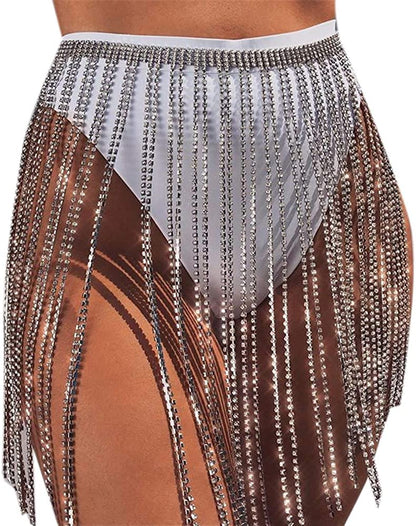 RARITYUS Women Sexy Rave Glitter Rhinestone Tassel Body Chains Skirt Waist Belt Jewelry for Party Festival Dance Nightclub Apparel & Accessories > Jewelry > Body Jewelry RARITYUS Silver Diamond Skirt  