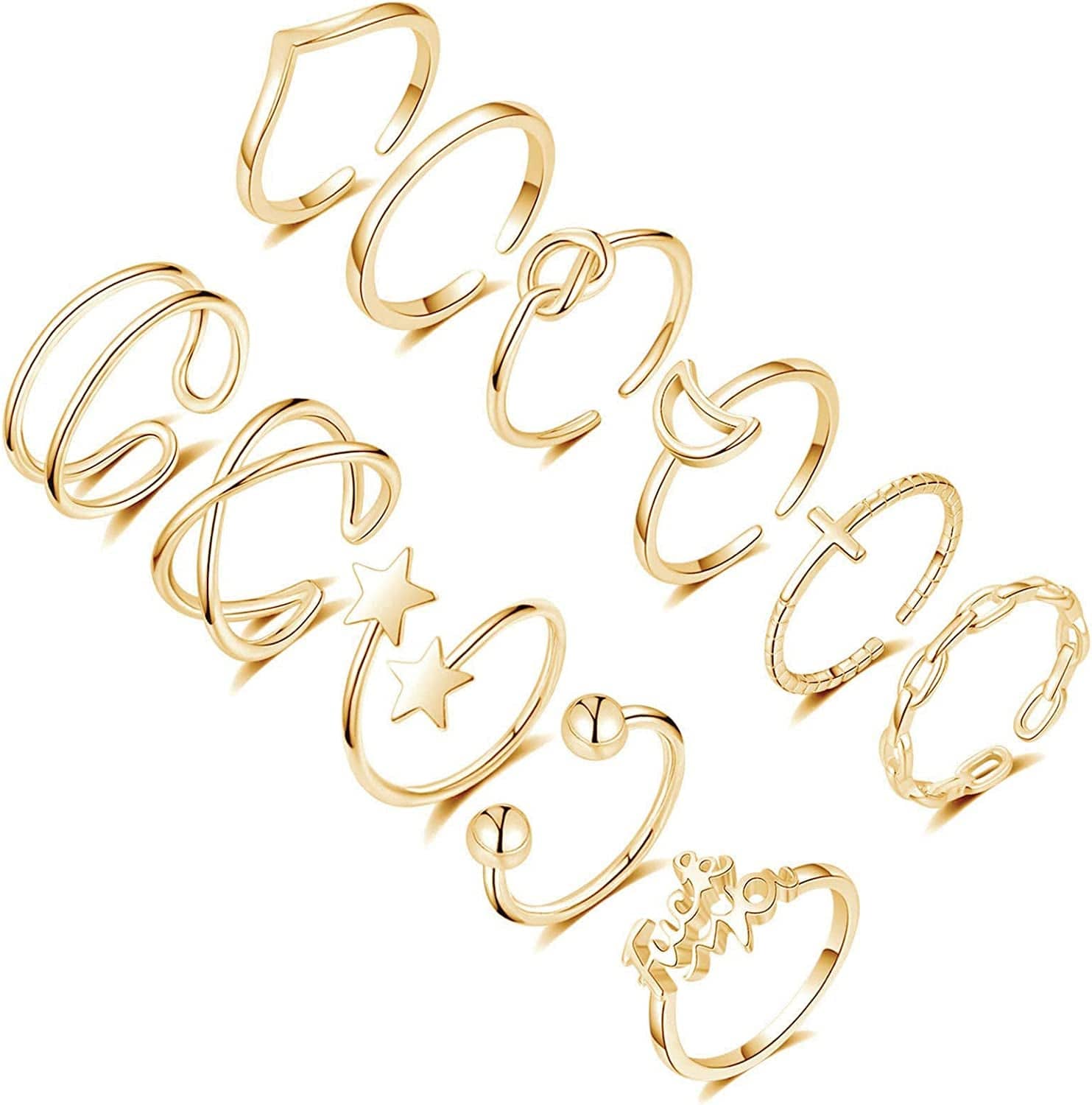 11PCS Adjustable Rings for Women,14K Gold Silver Knuckle Rings Set Stackable Finger Rings Pack Open Ring Set for Women Teen Girls B:Gold