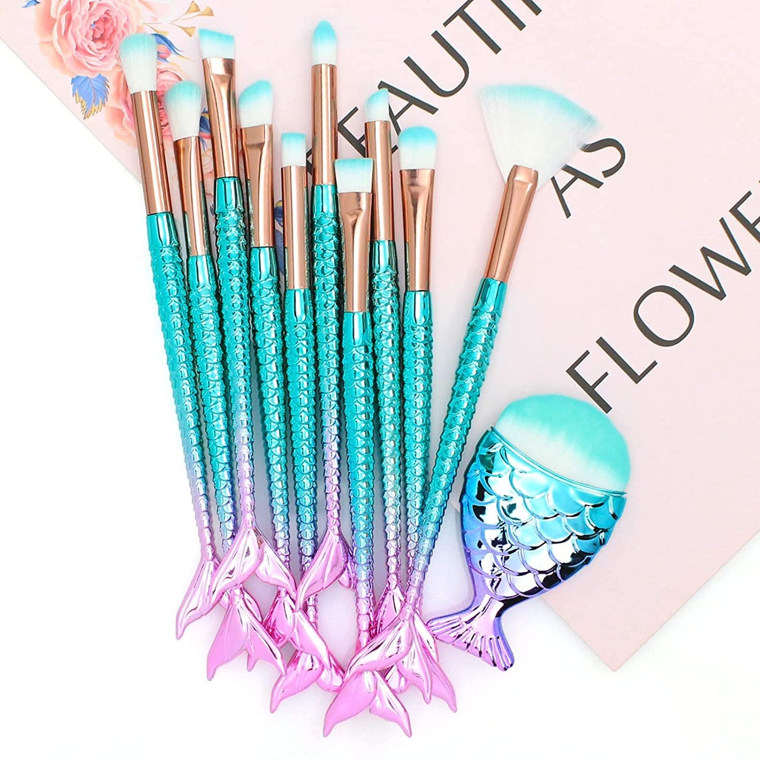11Pcs Cute Makeup Brushes Set for Girl, Foundation Eyebrow Eyeliner Blush Cosmetic Concealer Brushes Women Girl Cute Make up Tool Set (Colorful Fish Tail Handle) Health & Beauty > Personal Care > Cosmetics > Cosmetic Tools > Makeup Tools NICEMOVIC   