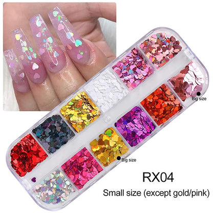 12 Colors 3D Heart Nail Art Glitters Stickers Colorful Love Hearts Nail Sequins Holographic Laser Sparkle Nail Flakes Shiny Charms Design for Acrylic Nail Supplies Nail Decors Tools Health & Beauty > Personal Care > Cosmetics > Cosmetic Tools > Nail Tools Flyouthe   