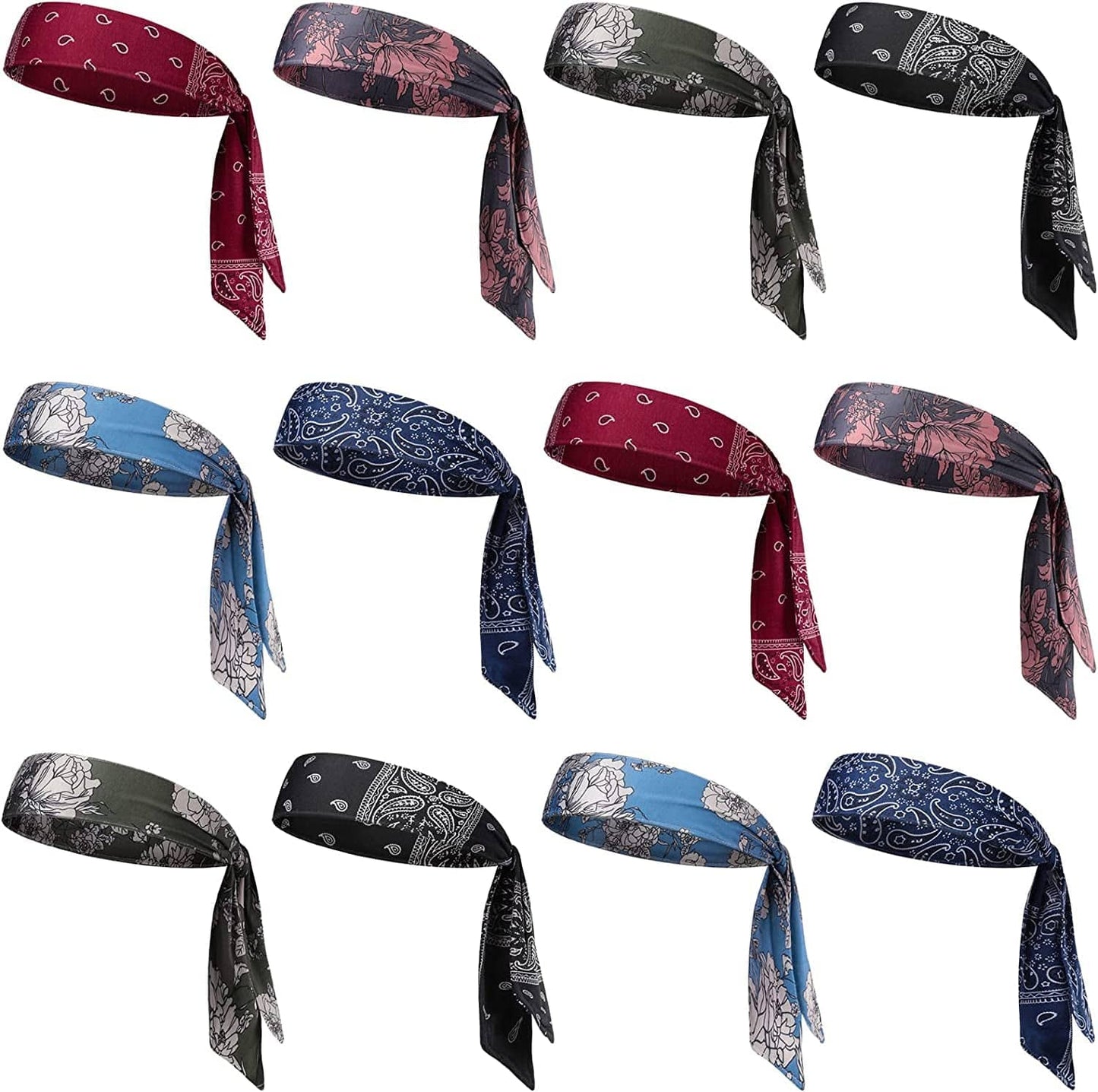 12 Packs Tie on Headband for Women Men Elastic Athletic Bandana Adjustable Sport Hair Bands Non Slip Yoga Workout Sweatbands Sweat Wicking Head Tie Long Bandana Headwrap Running Head Band for Tennis Apparel & Accessories > Clothing Accessories > Bandanas & Headties Zhanmai   