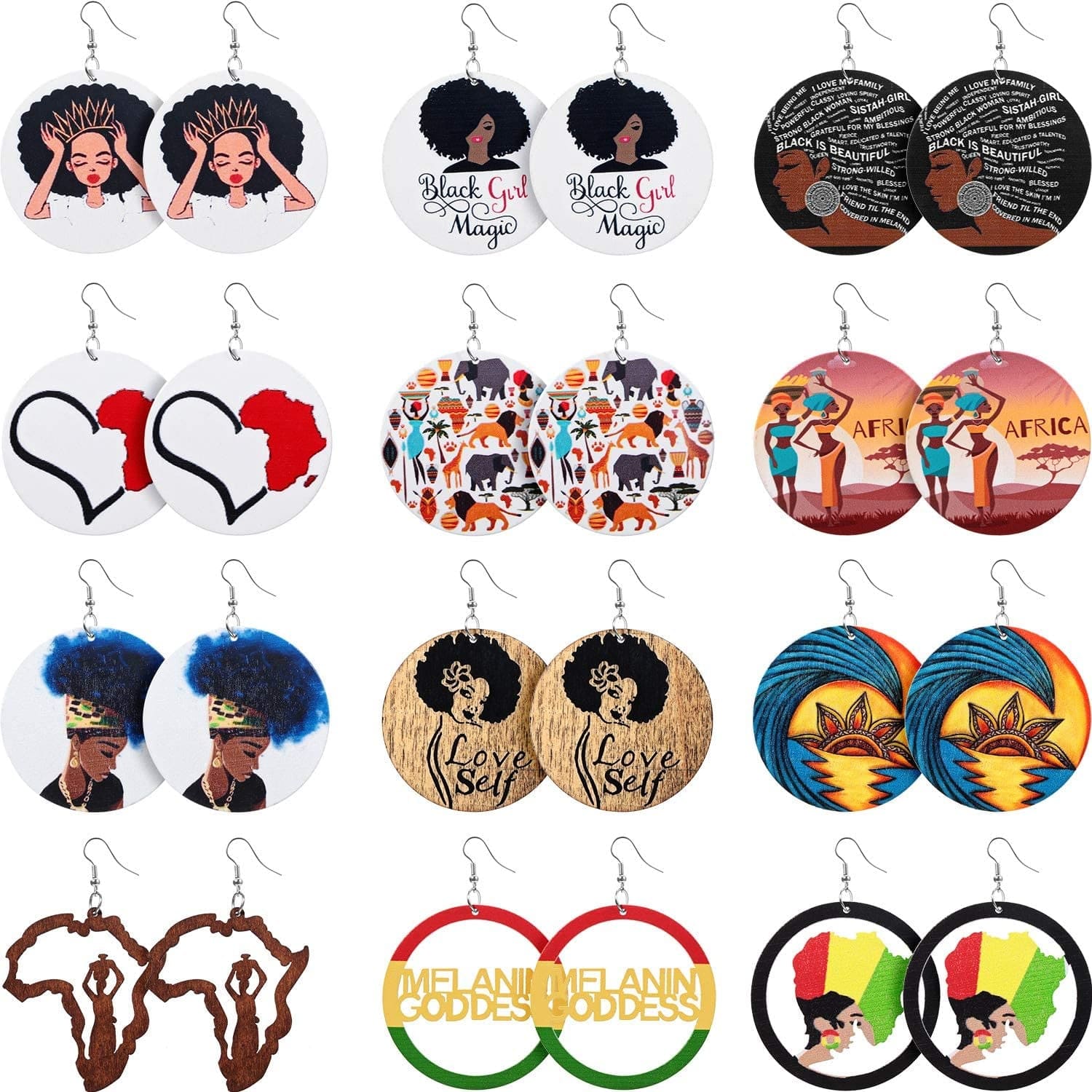 12 Pairs African Map Women Earrings round Natural Wooden Painted Earrings Ethnic Style Dangle Earring (African Themed Patterns) Apparel & Accessories > Jewelry > Earrings Hicarer   