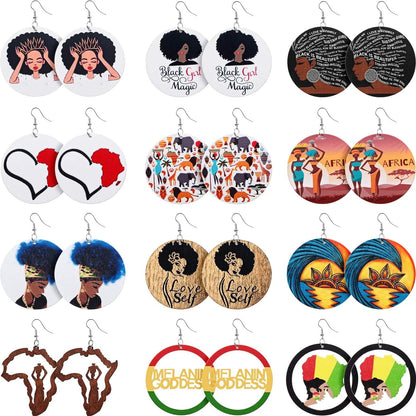 12 Pairs African Map Women Earrings round Natural Wooden Painted Earrings Ethnic Style Dangle Earring (African Themed Patterns) Apparel & Accessories > Jewelry > Earrings Hicarer   