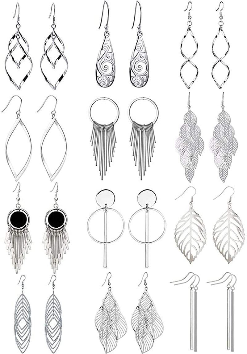 12 Pairs Drop Dangle Earrings Boho Fashion Jewelry Vintage Statement Boho Bohemian Earrings Set for Women Girls Apparel & Accessories > Jewelry > Earrings Venianus 1-Silver  