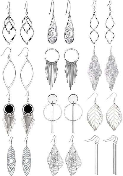 12 Pairs Drop Dangle Earrings Boho Fashion Jewelry Vintage Statement Boho Bohemian Earrings Set for Women Girls Apparel & Accessories > Jewelry > Earrings Venianus 1-Silver  