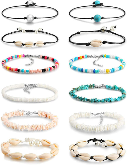 12 PCS Beaded Anklet Bracelets for Women Girls Adjustable Colorful Gold Anklet Bracelets Handmade Boho Waterproof Beach Shell Ankle Bracelet Summer Foot Jewelry Honsny Apparel & Accessories > Jewelry > Anklets Honsny 12PCS Anklet A  