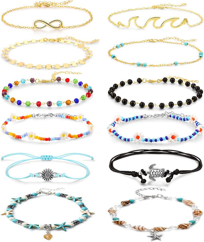 12 PCS Beaded Anklet Bracelets for Women Girls Adjustable Colorful Gold Anklet Bracelets Handmade Boho Waterproof Beach Shell Ankle Bracelet Summer Foot Jewelry Honsny Apparel & Accessories > Jewelry > Anklets Honsny 12PCS Anklet B  