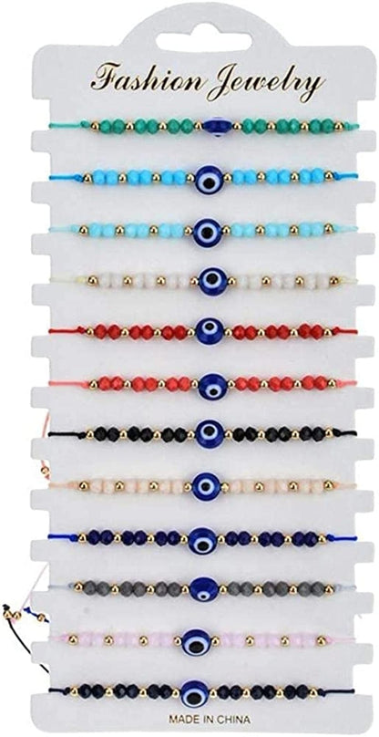 12 Pcs Colorful Evil Eye Beaded Bracelets Hamsa Handmade Braided String Turkish Nazar Amulet Cord Thread Bracelet Anklet Good Luck Blue Lucky Eye Mal De Ojo Jewelry for Protection Apparel & Accessories > Jewelry > Anklets KYLIE MAX   