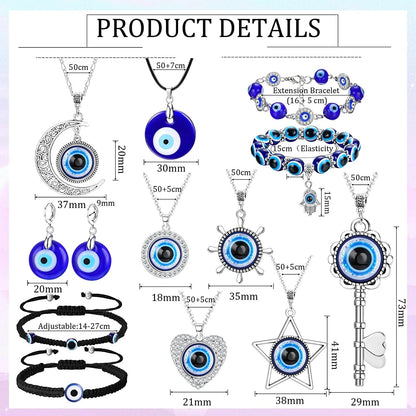 12 Pcs Evil Eye Necklace for Women Men Evil Eye Bead Rope Bracelet Earring Turkish Hamsa Pendant Protection Jewelry Set