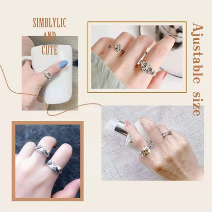 12 Pcs Silver Plated Frog Rings Set, Cute Animal Open Rings Pack, Vintage Goth Hippie Matching Rings, Cute and Stylish, Snake, Hug, Cat, Lucky Face Rings for Couples, Gift for Women Men Girls