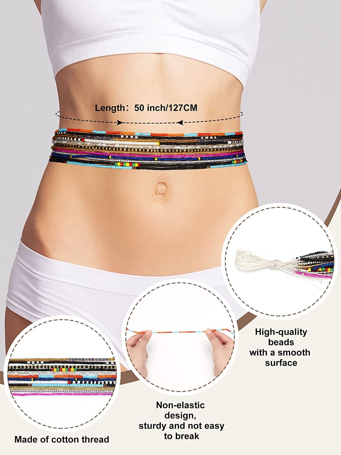 12 Pieces 50 Inch Waist Beads Set Summer Handmade Colorful African Belly Beads Chain plus Size Body Jewelry Non Stretching Belly Chain Jewelry for Women Colorful Waist Jewelry Apparel & Accessories > Jewelry > Body Jewelry Fumete   