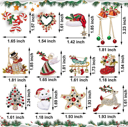 12 Pieces Christmas Brooches Set Crystal Brooch Pins Christmas Rhinestone Lapel Pins Christmas Tree Bells Snowman Brooches for Women Xmas Decor Party Supplies Holiday Gifts