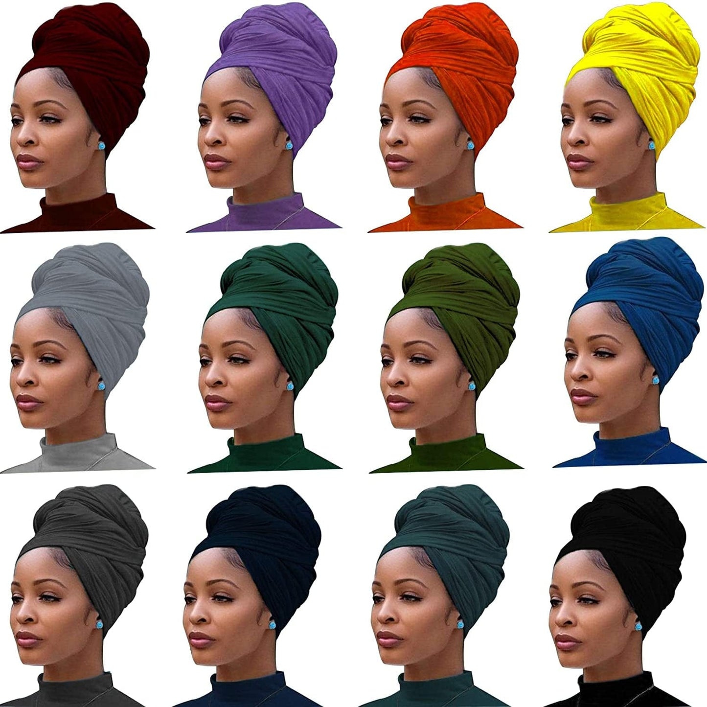 12 Pieces Head Wrap Scarf Stretch Jersey Turban Extra Long Ultra Soft Urban Headwraps for Women Solid Color African Headwear Headband Tie (Set 01) Apparel & Accessories > Clothing Accessories > Headwear Messen Dark Gray,Army Green,Orange Color,Silver Gray,Hemp Grey,Denim Blue, Dark Navy,Dark Red Wine,Light Purple,Dark Green,Yellow,Black  