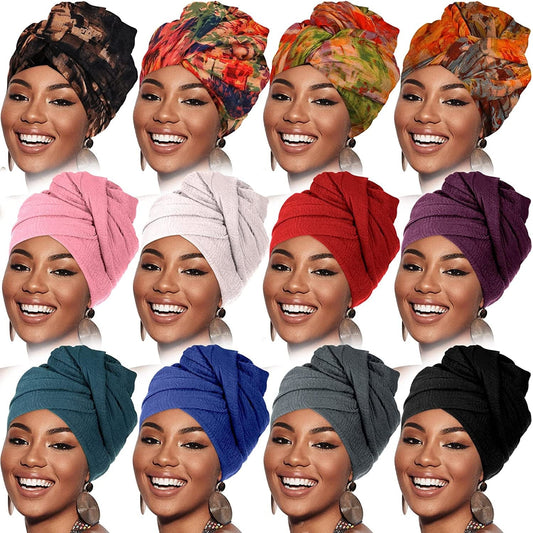 12 Pieces Head Wraps for Women Turban Head Wraps Solid Color African Headwear Headband Tie Soft Long Hair Wrap Scarf Apparel & Accessories > Clothing Accessories > Headwear Geyoga Chic Colors  