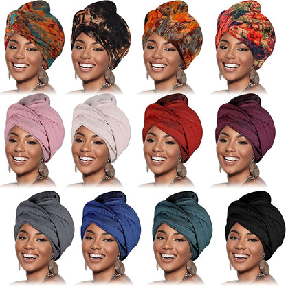 12 Pieces Head Wraps for Women Turban Head Wraps Solid Color African Headwear Headband Tie Soft Long Hair Wrap Scarf Apparel & Accessories > Clothing Accessories > Headwear Geyoga   