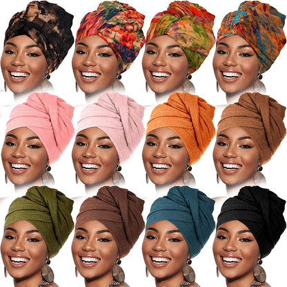 12 Pieces Head Wraps for Women Turban Head Wraps Solid Color African Headwear Headband Tie Soft Long Hair Wrap Scarf Apparel & Accessories > Clothing Accessories > Headwear Geyoga Classic Colors  