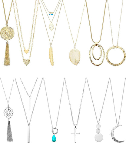 12 Pieces Long Pendant Necklace Set Y Tassel Leaf Circle Bar Necklace for Women Round
