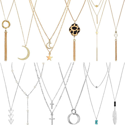 12 Pieces Long Pendant Necklace Set Y Tassel Leaf Circle Bar Necklace for Women Delicate Style