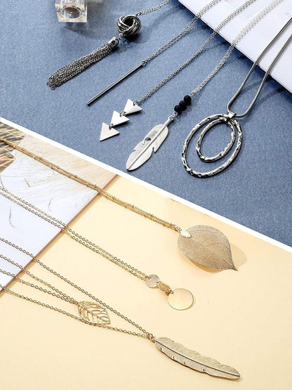 12 Pieces Long Pendant Necklace Set Y Tassel Leaf Circle Bar Necklace for Women