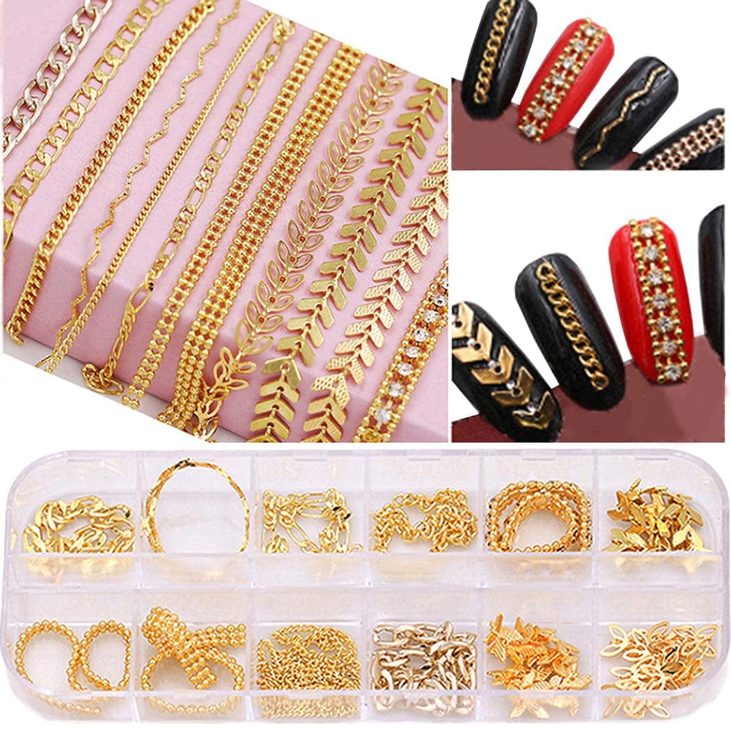 12 Styles Metal Nails Supplies 3D Nail Accessory Chains for Women Nail Art Decoration Charms 3.9In Mix Nail Punk Glitter Studs Line Pattern Mixed Design Nail DIY Decoration Tools Health & Beauty > Personal Care > Cosmetics > Cosmetic Tools > Nail Tools Letswin   