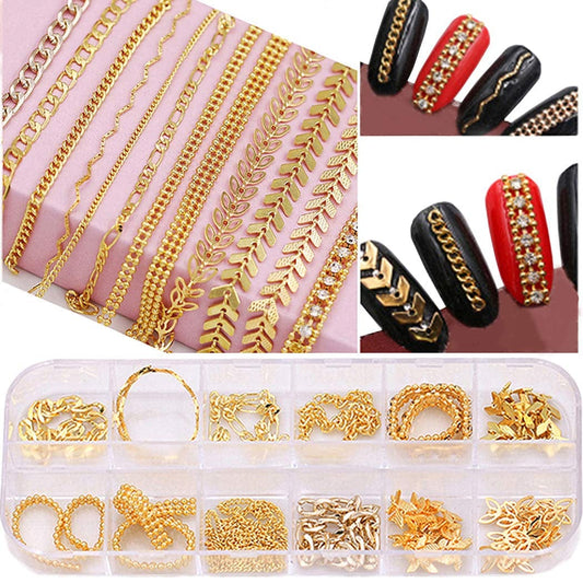 12 Styles Metal Nails Supplies 3D Nail Accessory Chains for Women Nail Art Decoration Charms 3.9In Mix Nail Punk Glitter Studs Line Pattern Mixed Design Nail DIY Decoration Tools Health & Beauty > Personal Care > Cosmetics > Cosmetic Tools > Nail Tools Letswin   