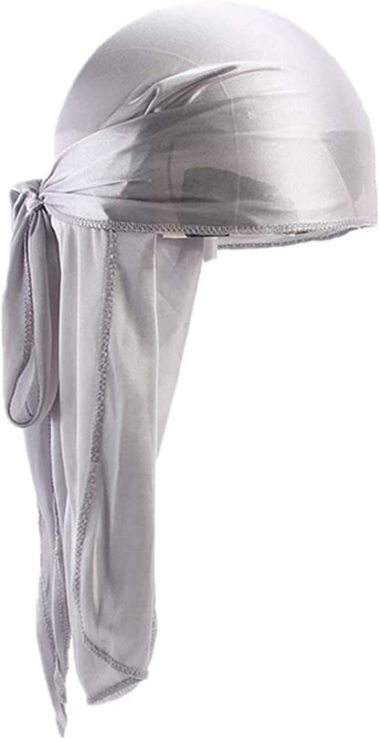 Fxhixiy Men Women Durag Extra Long-Tail Headwraps Silky Satin Pirate Cap Bandana Hat for 360 Waves Apparel & Accessories > Clothing Accessories > Bandanas & Headties Fxhixiy Silver  