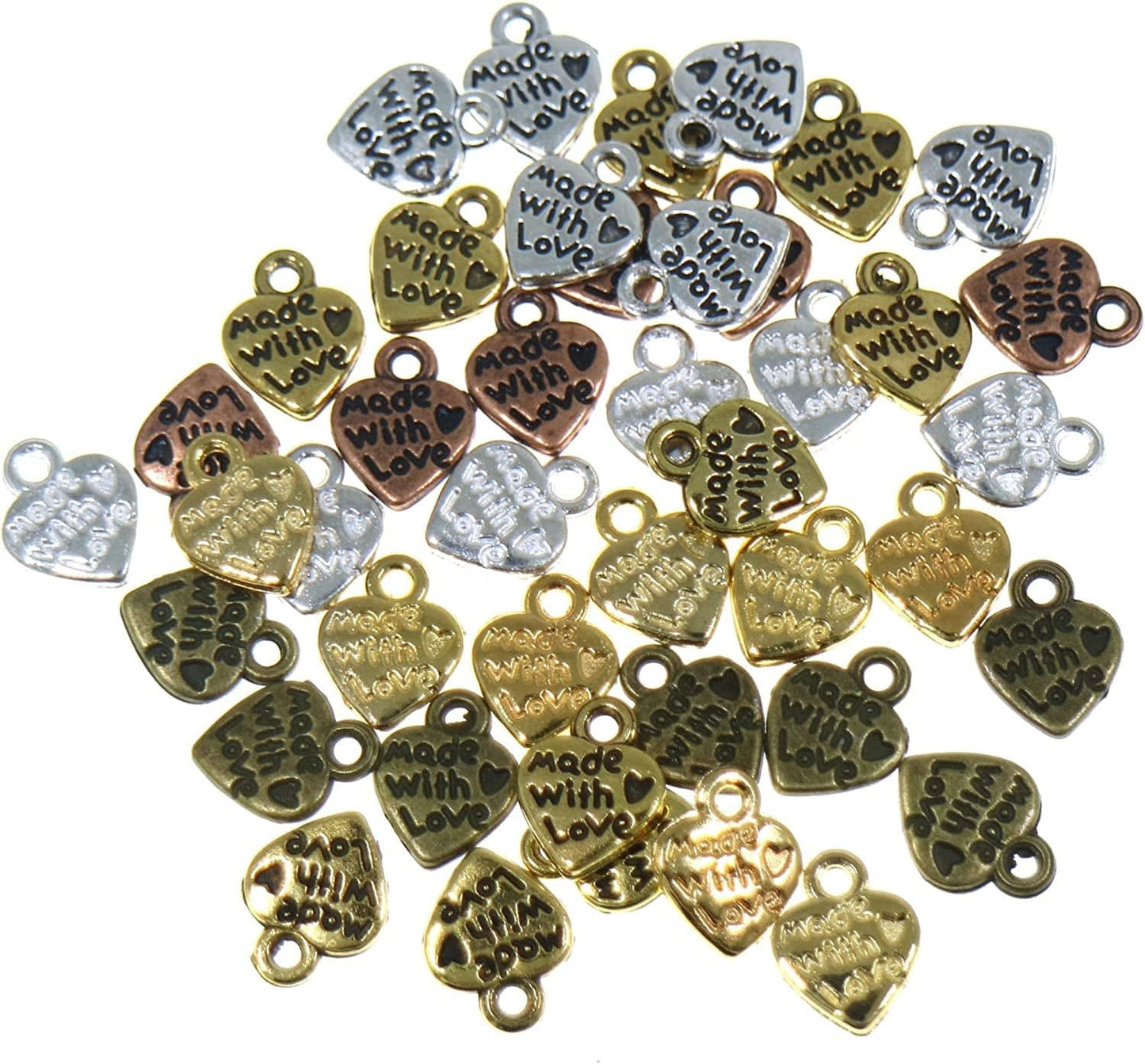 120Pcs Made with Love Lettering Charm Peach Heart Shape Double-Side Pendant for DIY Bracelet Necklace Jewelry Making Findings