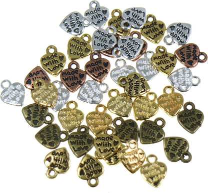 120Pcs Made with Love Lettering Charm Peach Heart Shape Double-Side Pendant for DIY Bracelet Necklace Jewelry Making Findings