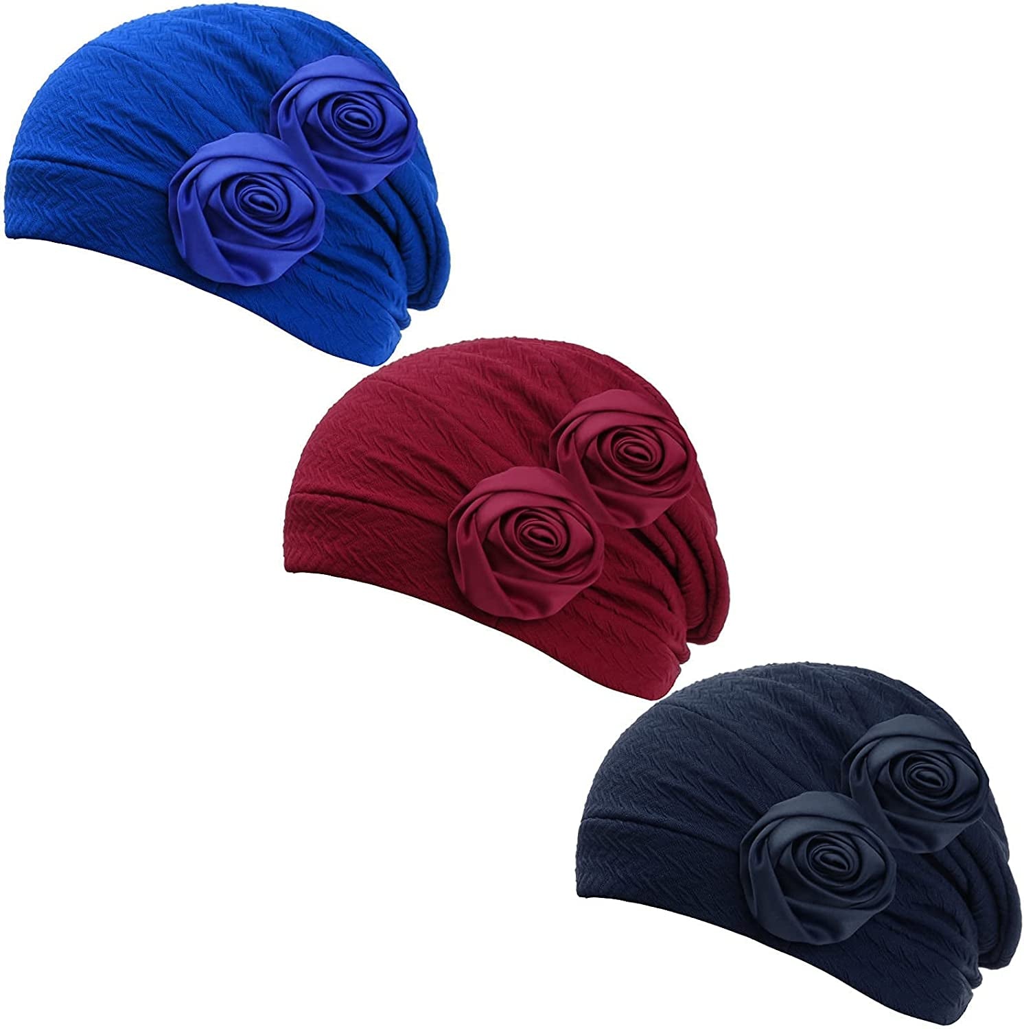 HONENNA Chemo Caps Headwear for Women Turbans Beanies Flowers Hats Headwrap for Cancer Patient Hair Loss Apparel & Accessories > Clothing Accessories > Headwear HONENNA Roses:3 Pack[navy+wine+blue]  