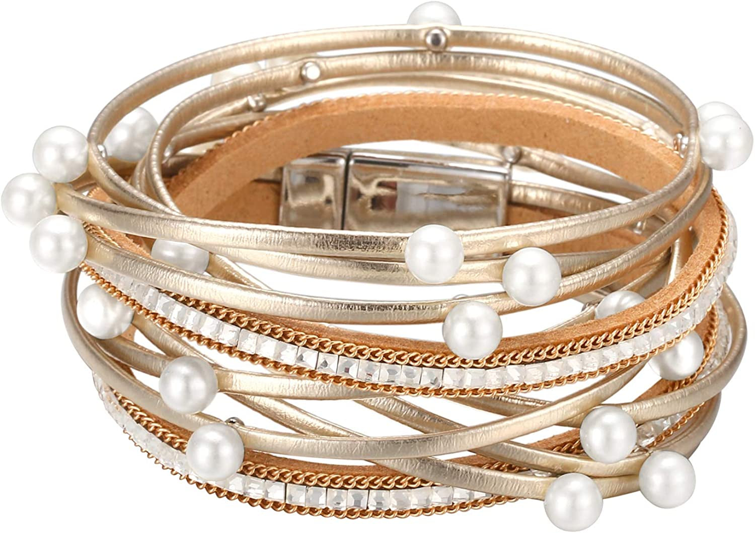 Fesciory Leather Wrap Bracelet for Women, Leopard Multi-Layer Magnetic Buckle Cuff Bracelet Jewelry Apparel & Accessories > Jewelry > Bracelets Fesciory B16-Gold Pearl  
