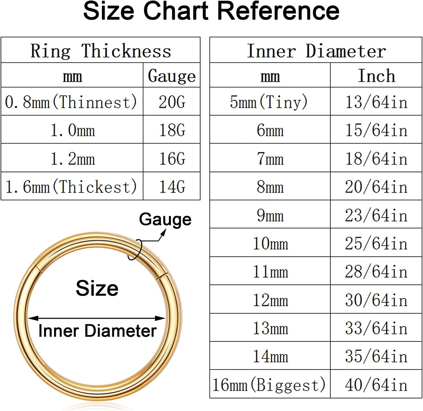 Ldurian Surgical Steel Nose Ring Hypoallergenic Nose Piercing Jewelry 20G 18G 16G 14G Diameter 5Mm to 16Mm Hinged Nose Rings Hoops for Women Gold Silver Rose Gold Black Color Apparel & Accessories > Jewelry > Rings KYLIE MAX   
