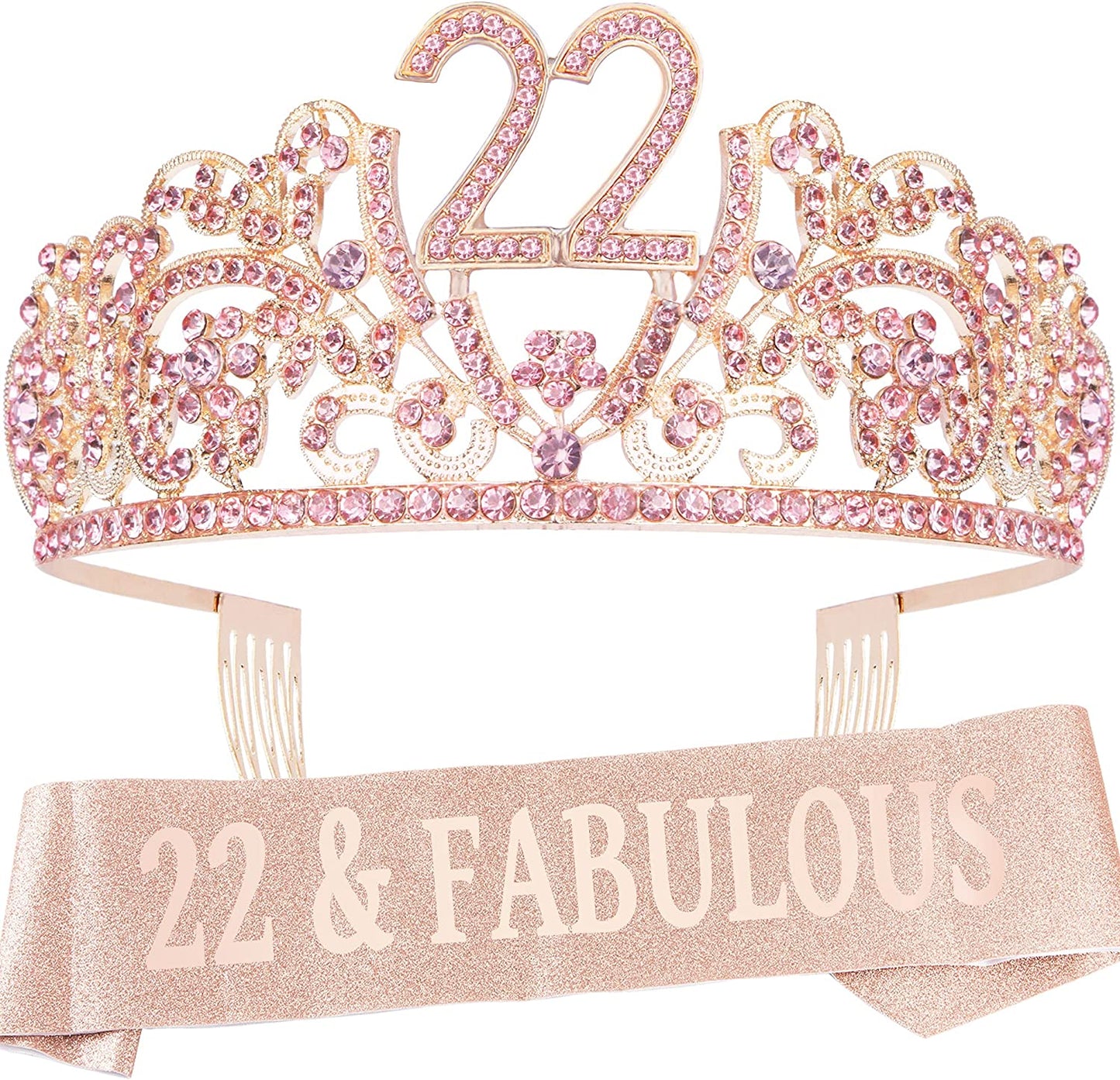 Verymerrymakering 22Th Birthday Sash and Tiara for Girls - Fabulous Set: Glitter Sash + Flowers Rhinestone Pink Premium Metal Tiara for Girls, 22Th Birthday Gifts for 22Th Birthday Party Apparel & Accessories > Clothing Accessories > Sashes VeryMerryMakering Pink  